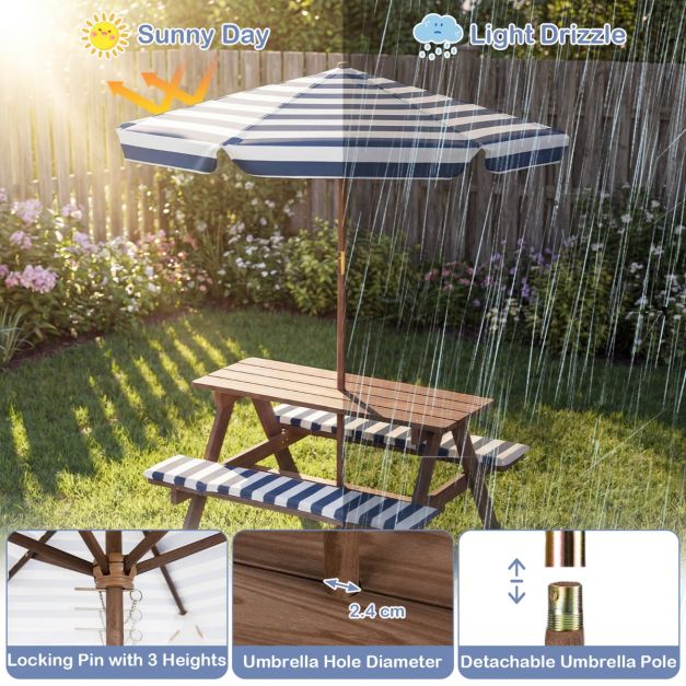 Coast Groupe de sièges pour enfants - Table de pique-nique - Parasol - Coussins d'assise - 91 x 80 x 50 cm - Bleu marine Blanc Naturel