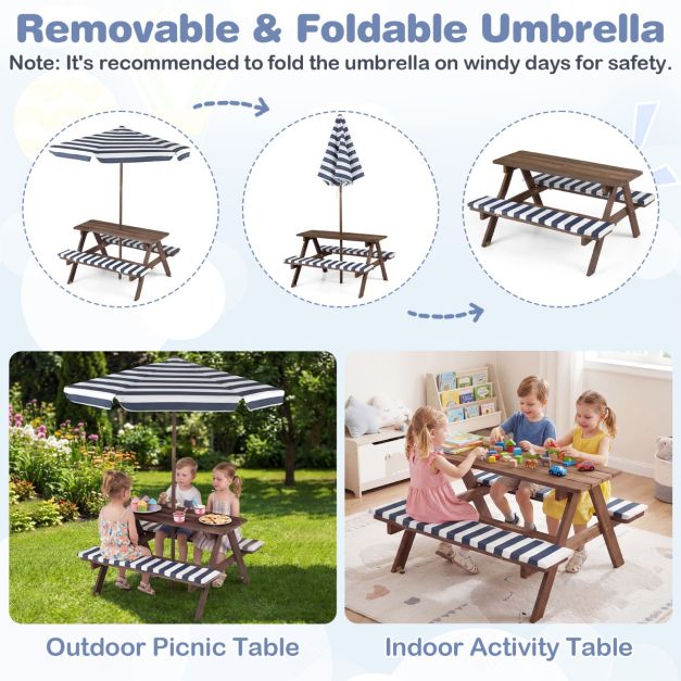 Coast Groupe de sièges pour enfants - Table de pique-nique - Parasol - Coussins d'assise - 91 x 80 x 50 cm - Bleu marine Blanc Naturel