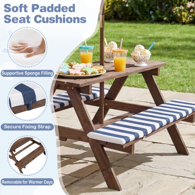 Coast Groupe de sièges pour enfants - Table de pique-nique - Parasol - Coussins d'assise - 91 x 80 x 50 cm - Bleu marine Blanc Naturel