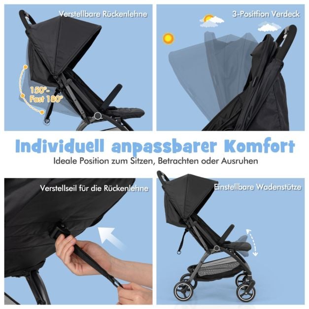 Poussette de voyage Coast – Poussette légère avec dossier réglable et pare-soleil – Noir/Gris