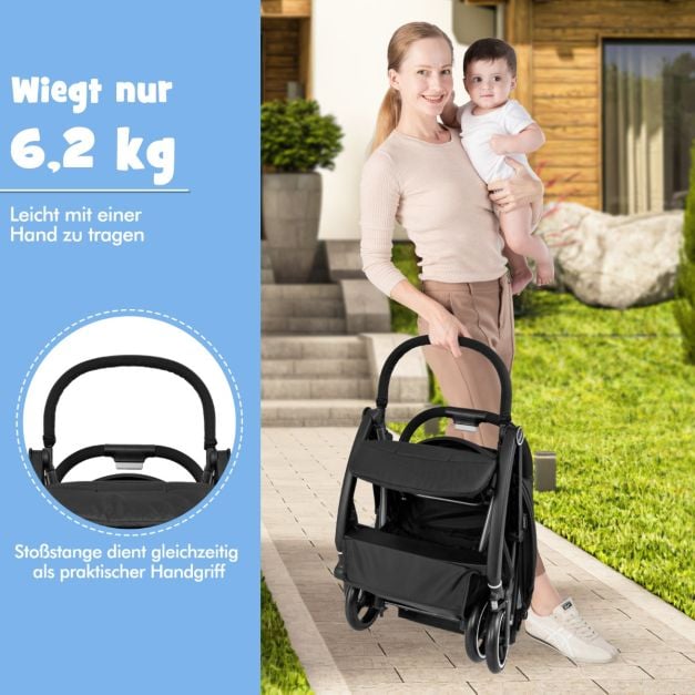 Poussette de voyage Coast – Poussette légère avec dossier réglable et pare-soleil – Noir/Gris