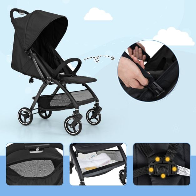 Poussette de voyage Coast – Poussette légère avec dossier réglable et pare-soleil – Noir/Gris