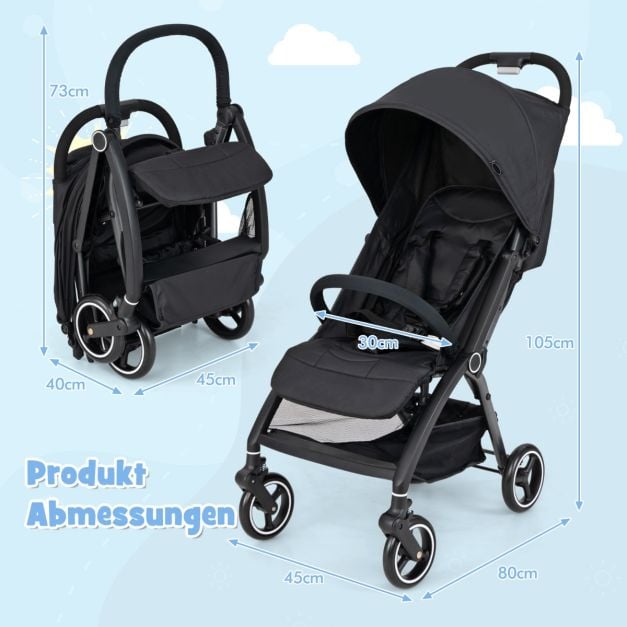 Poussette de voyage Coast – Poussette légère avec dossier réglable et pare-soleil – Noir/Gris
