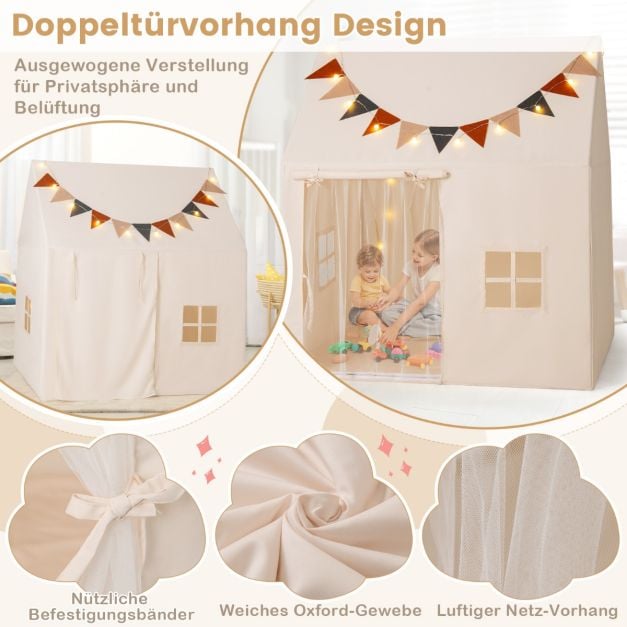 Coast Play Tent Beige - Maison de jeux pour enfants avec tapis antidérapant, guirlande lumineuse et drapeaux - 123 x 107 x 137 cm