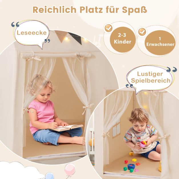 Coast Play Tent Beige - Maison de jeux pour enfants avec tapis antidérapant, guirlande lumineuse et drapeaux - 123 x 107 x 137 cm
