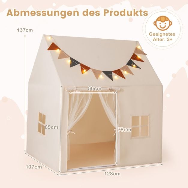 Coast Play Tent Beige - Maison de jeux pour enfants avec tapis antidérapant, guirlande lumineuse et drapeaux - 123 x 107 x 137 cm