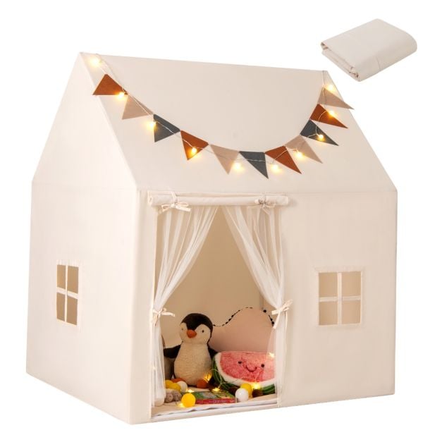 Coast Play Tent Beige - Maison de jeux pour enfants avec tapis antidérapant, guirlande lumineuse et drapeaux - 123 x 107 x 137 cm