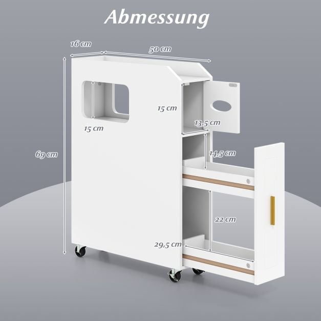 Coast Narrow Bathroom Cabinet - 16 cm Organizer with Drawer and Tissue Holder - 50 x 16 x 69 cm - White