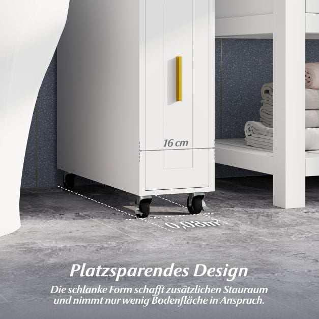 Coast Narrow Bathroom Cabinet - 16 cm Organizer with Drawer and Tissue Holder - 50 x 16 x 69 cm - White