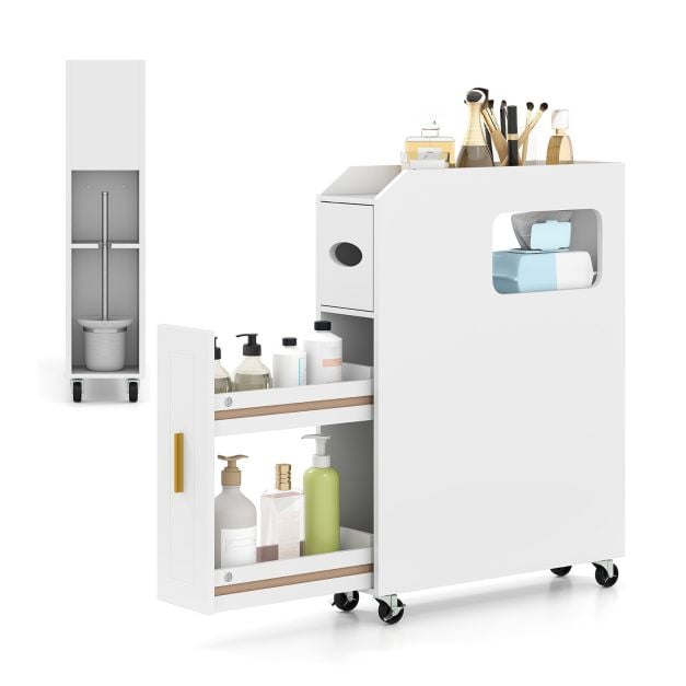 Coast Narrow Bathroom Cabinet - 16 cm Organizer with Drawer and Tissue Holder - 50 x 16 x 69 cm - White