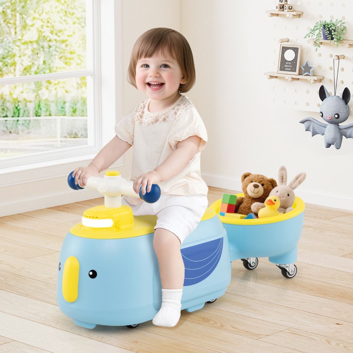 Costway TQ10407NY - Jouet d'éveil avec remorque, lumières et musique - 12 mois et plus - Bleu Description du produit :