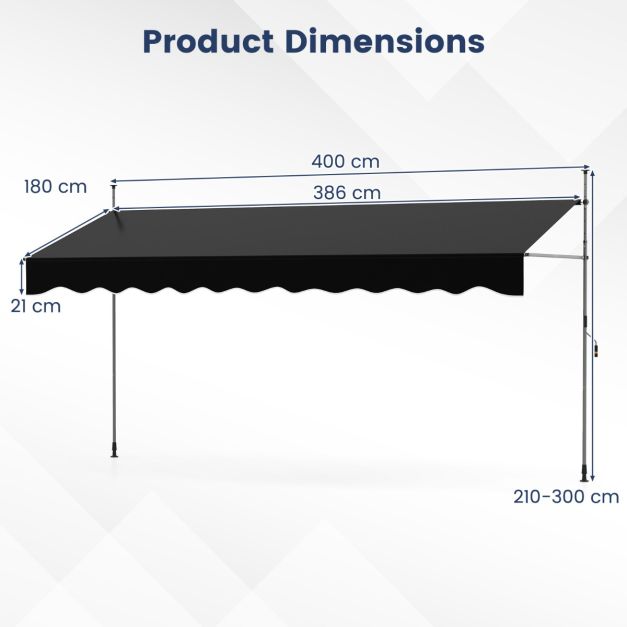 Parasol Coast sans perçage - 400 x 120 x 210-300 cm - Noir - Extensible manuellement et réglable en hauteur