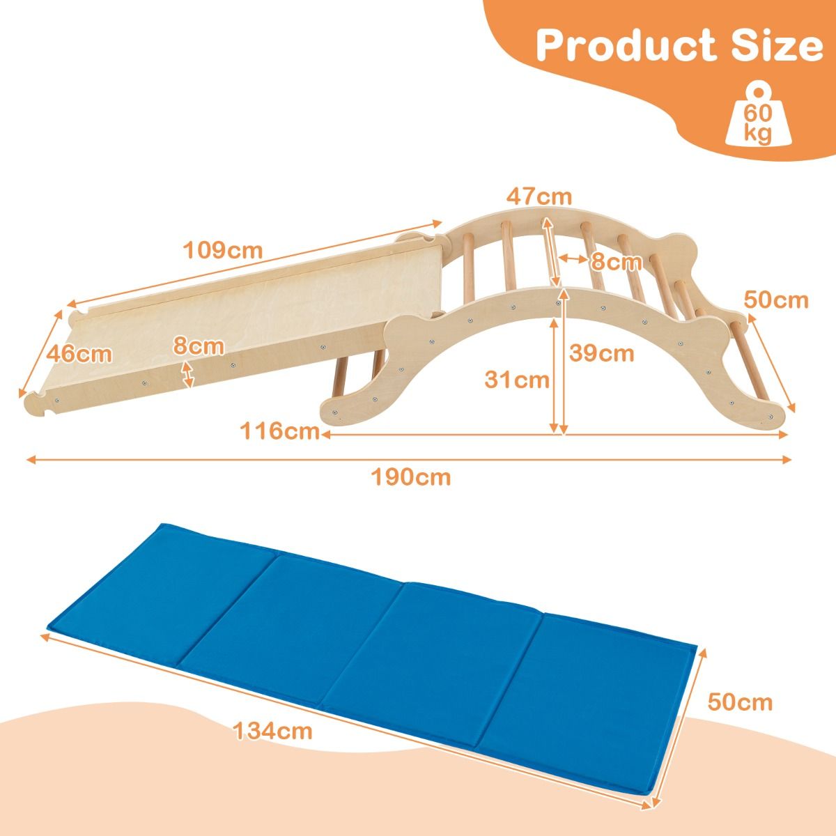 Coast 3-in-1 échelle à grimper en bois avec arc, toboggan et tapis - 116 x 50 x 39 cm - Naturel