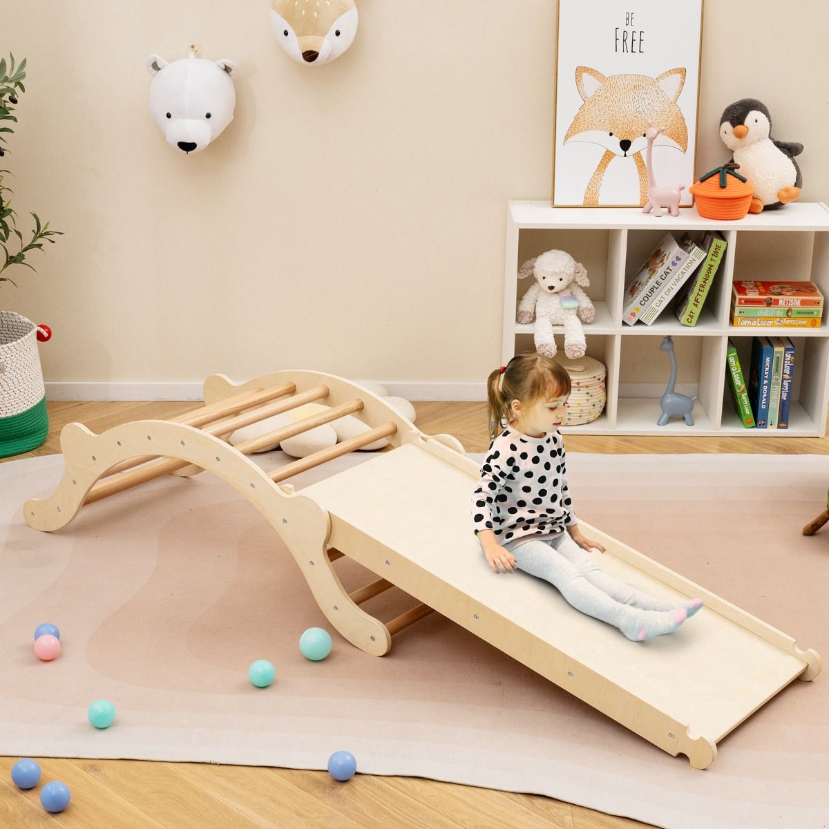 Coast 3-in-1 échelle à grimper en bois avec arc, toboggan et tapis - 116 x 50 x 39 cm - Naturel