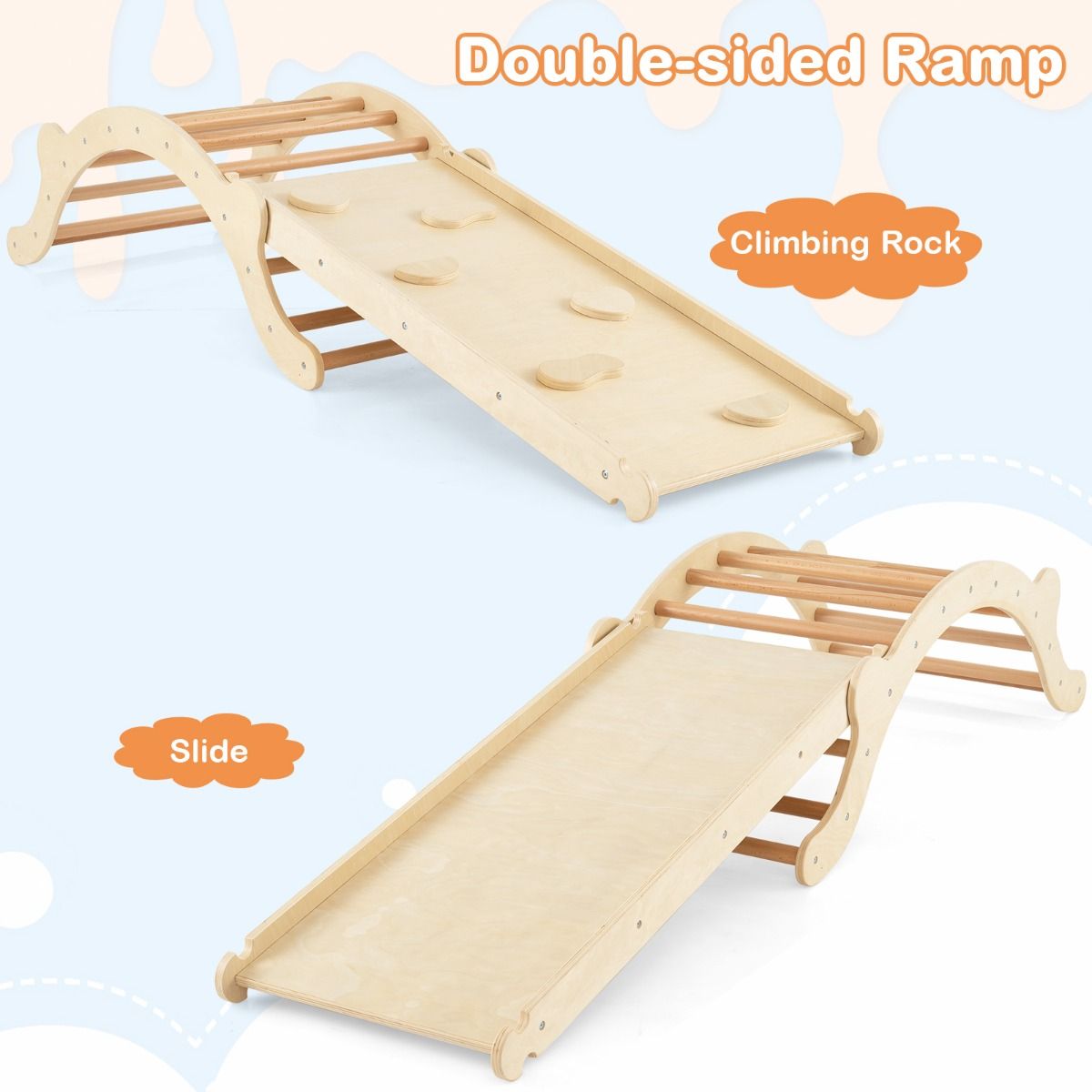 Coast 3-in-1 échelle à grimper en bois avec arc, toboggan et tapis - 116 x 50 x 39 cm - Naturel