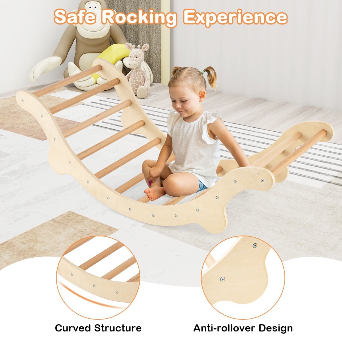 Coast 3-in-1 échelle à grimper en bois avec arc, toboggan et tapis - 116 x 50 x 39 cm - Naturel