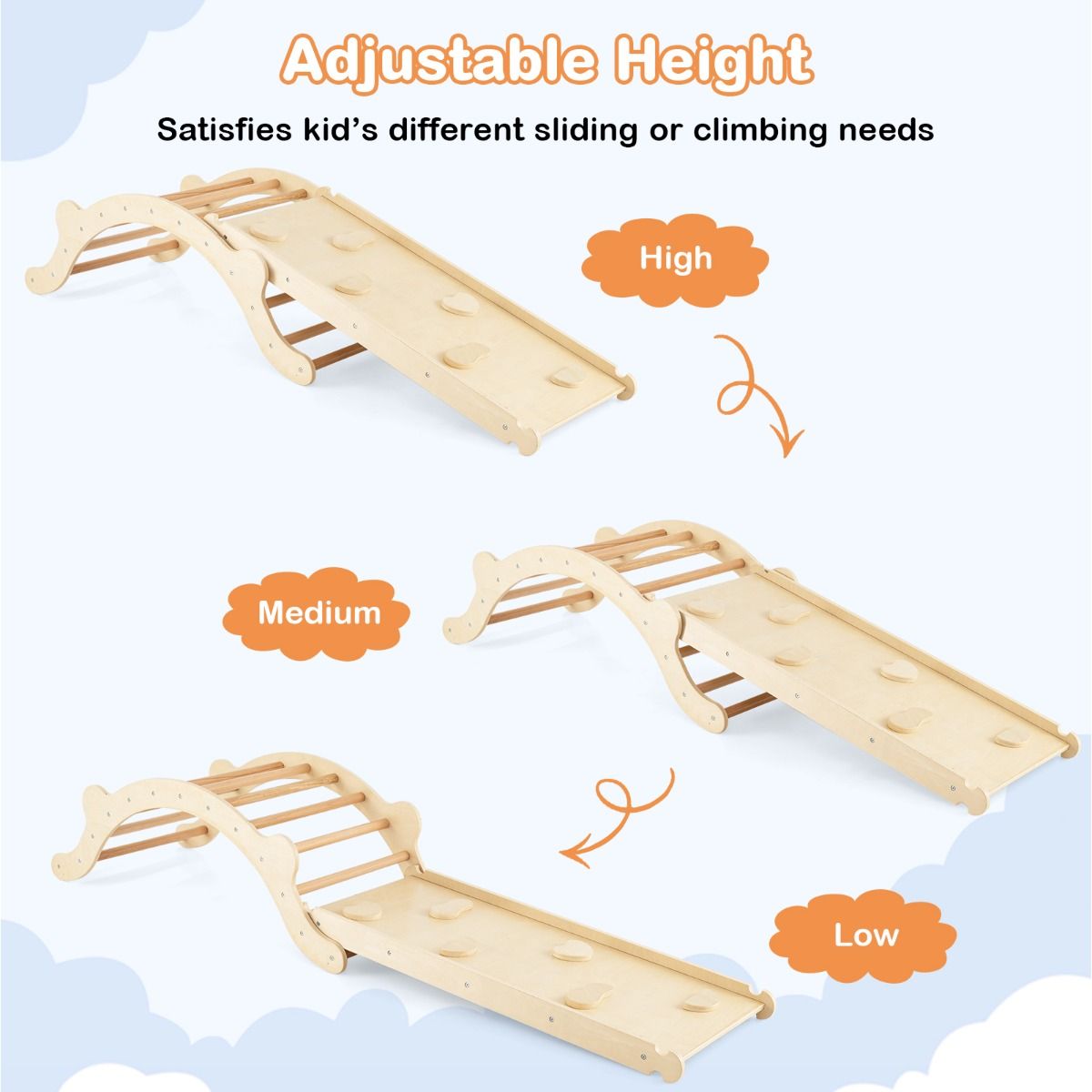 Coast 3-in-1 échelle à grimper en bois avec arc, toboggan et tapis - 116 x 50 x 39 cm - Naturel