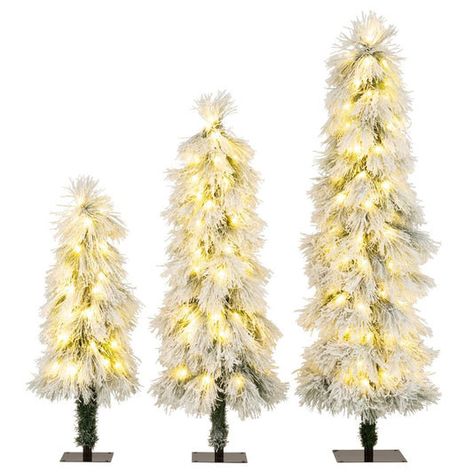 Coast set de 3 arbres de Noël artificiels 90 / 120 / 150 cm - design fin - avec lumières LED blanc chaud - vert avec accents de neige
