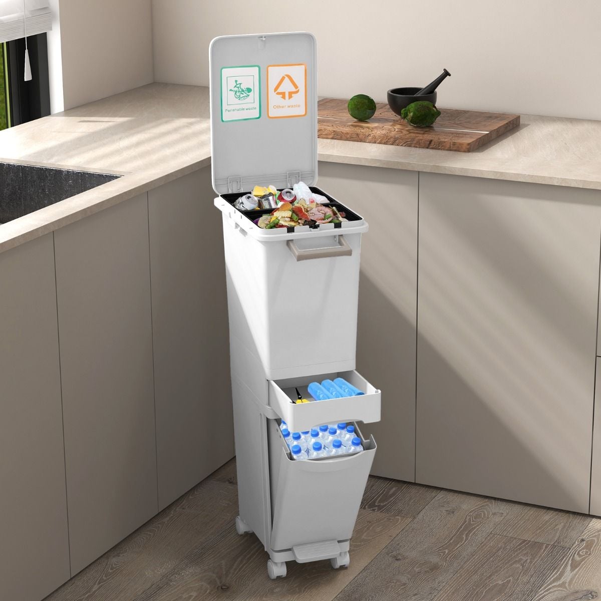 Coast 3-in-1 Waste Bin White - 36 x 25 x 84 cm - Avec plateau basculant, tiroir et roulettes
