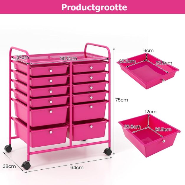 Coast Roller Trolley - Métal - 12 tiroirs - 64x38x75 cm - Rose