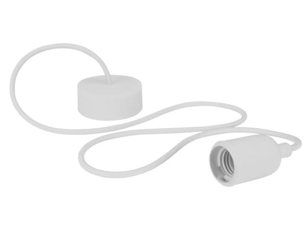 Support de lampe design Vellight - équipé d'une rosace de plafond en silicone flexible, d'un câble textile raccourcissable et d'une prise E27 - pour le salon et la table à manger - caoutchouc silicone blanc - un mètre virgule quatre