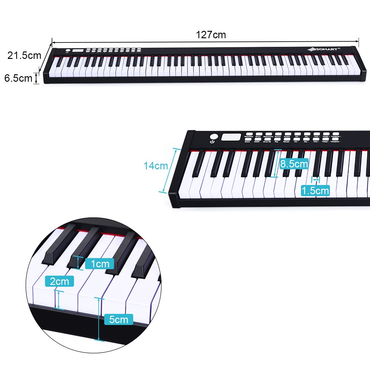 Coast Piano numérique à 88 touches pour enfants et adultes - 127×21.5×6.5 cm - Noir/Blanc - Comprend une mallette de transport et une pédale de sustain