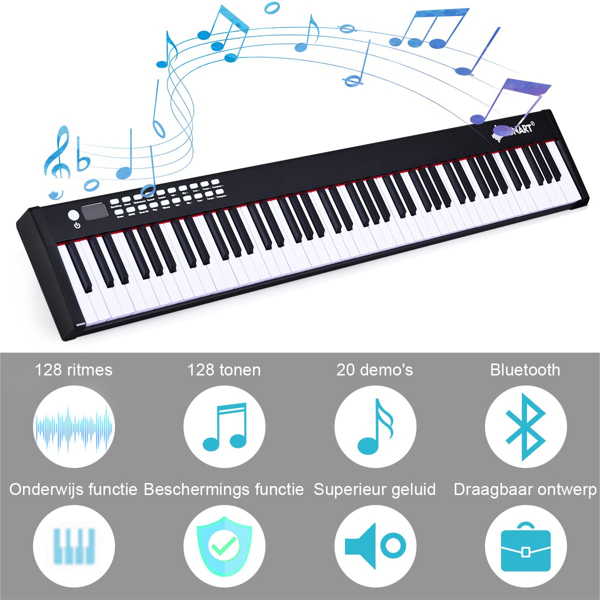 Coast Piano numérique à 88 touches pour enfants et adultes - 127×21.5×6.5 cm - Noir/Blanc - Comprend une mallette de transport et une pédale de sustain