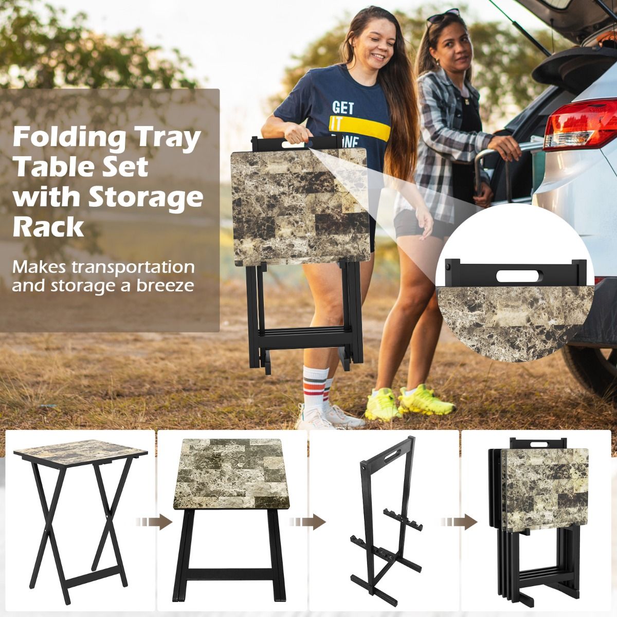 Coast - 4-Piece Folding Table TV Snack Table - Pliable, avec support de rangement, aspect marbre - 48 x 40 x 67 cm - MDF/Bois d'hévéa - Noir