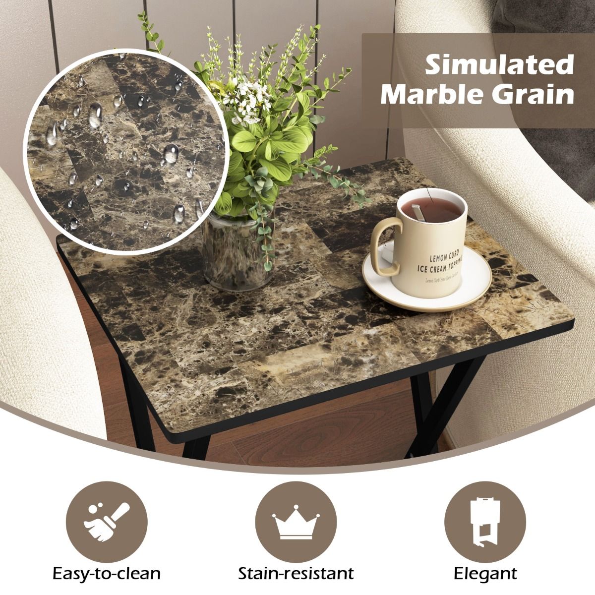 Coast - 4-Piece Folding Table TV Snack Table - Pliable, avec support de rangement, aspect marbre - 48 x 40 x 67 cm - MDF/Bois d'hévéa - Noir