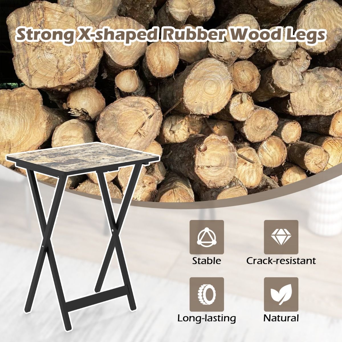 Coast - 4-Piece Folding Table TV Snack Table - Pliable, avec support de rangement, aspect marbre - 48 x 40 x 67 cm - MDF/Bois d'hévéa - Noir