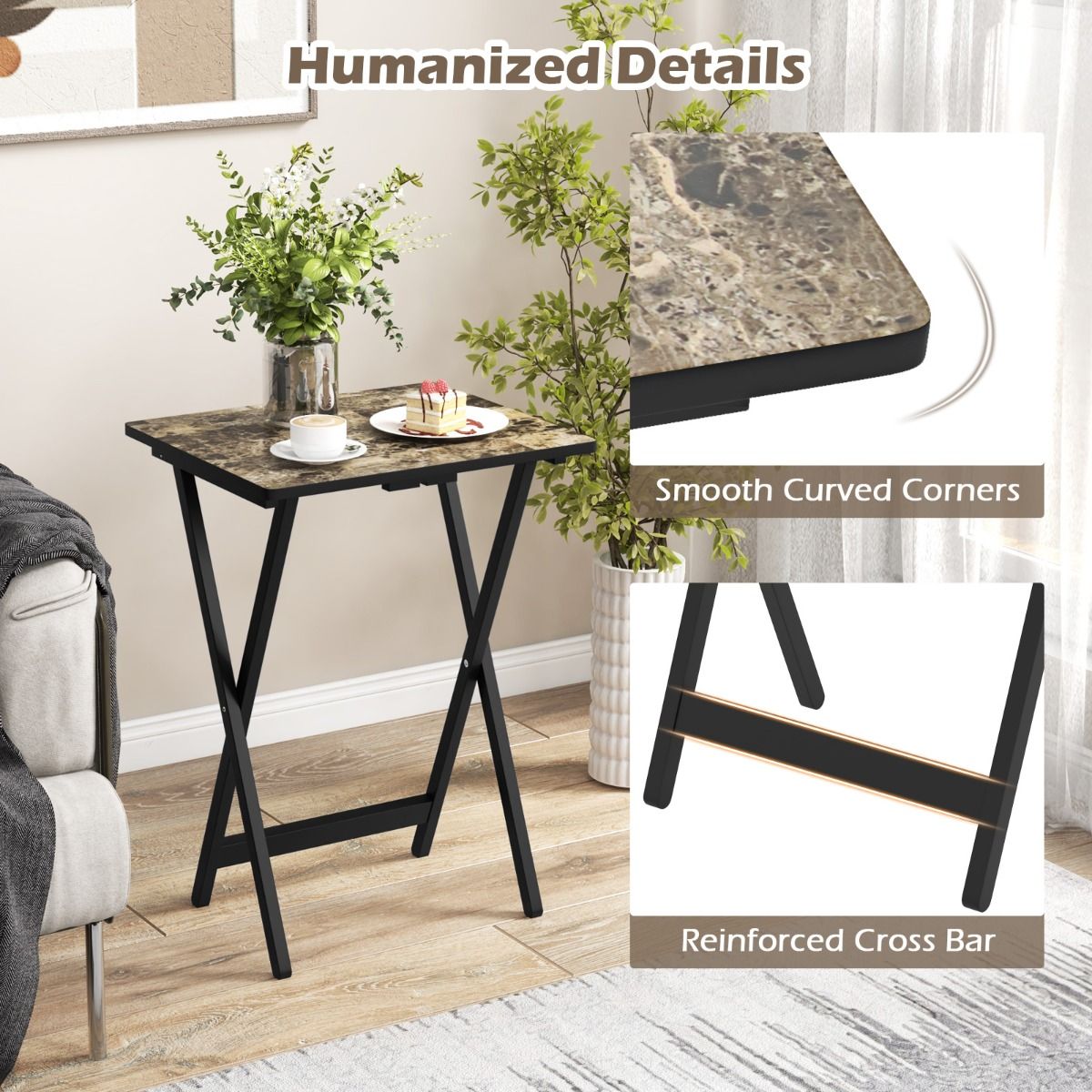 Coast - 4-Piece Folding Table TV Snack Table - Pliable, avec support de rangement, aspect marbre - 48 x 40 x 67 cm - MDF/Bois d'hévéa - Noir