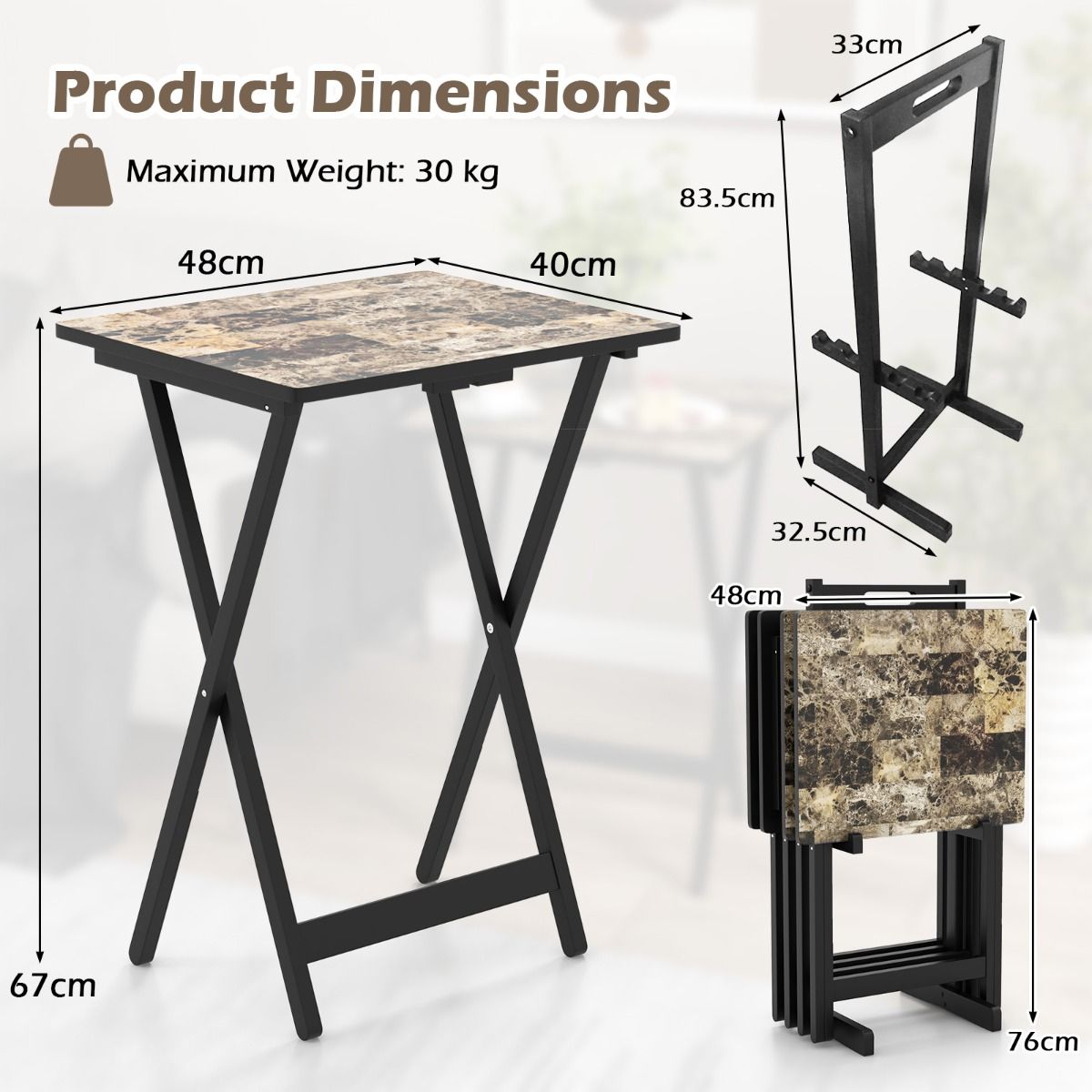 Coast - 4-Piece Folding Table TV Snack Table - Pliable, avec support de rangement, aspect marbre - 48 x 40 x 67 cm - MDF/Bois d'hévéa - Noir