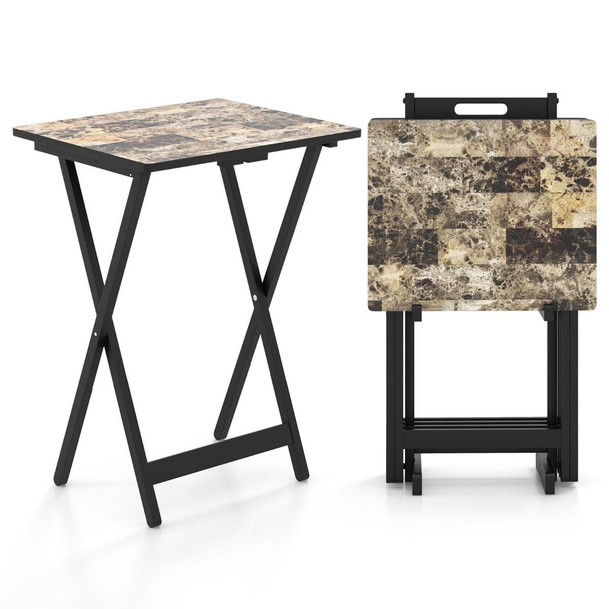 Coast - 4-Piece Folding Table TV Snack Table - Pliable, avec support de rangement, aspect marbre - 48 x 40 x 67 cm - MDF/Bois d'hévéa - Noir