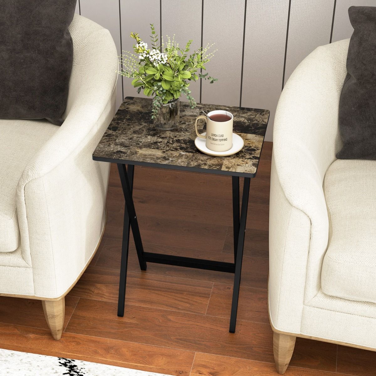 Coast - 4-Piece Folding Table TV Snack Table - Pliable, avec support de rangement, aspect marbre - 48 x 40 x 67 cm - MDF/Bois d'hévéa - Noir