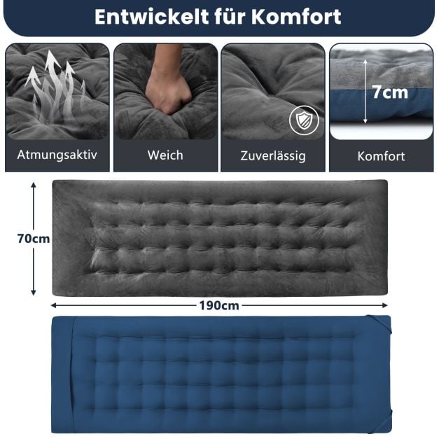 Coast Lounger Cushion Grey - Coussin de chaise longue épais avec sangles de fixation - 190 x 70 x 7 cm