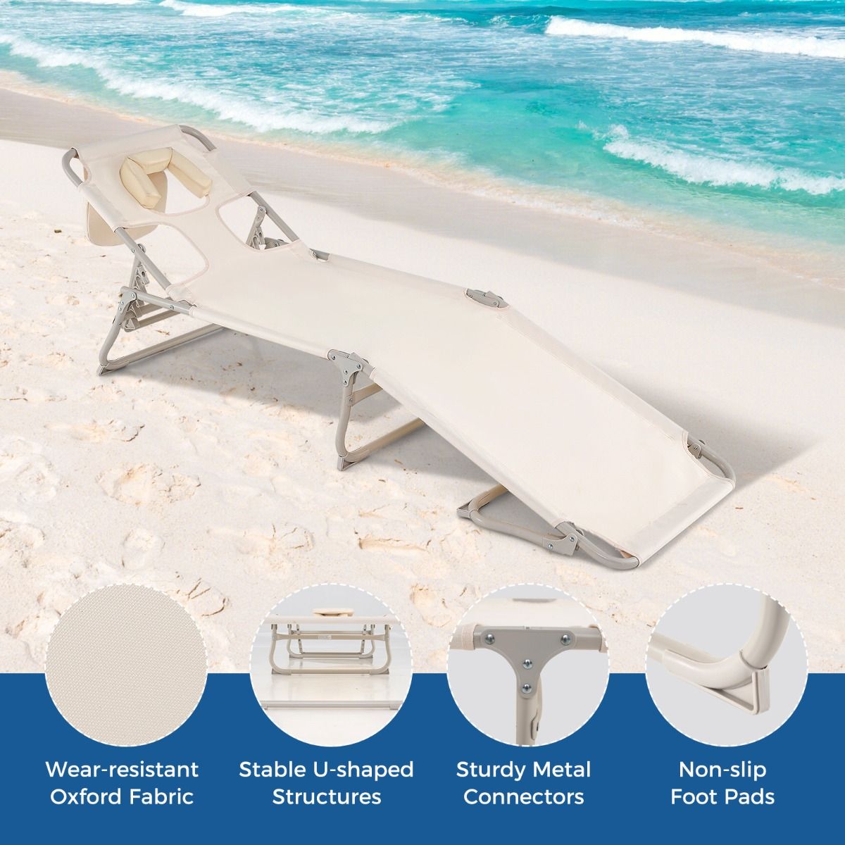 Bain de soleil Coast Beige - Bain de soleil pliable pour la plage et la terrasse avec ouvertures pour le visage et les bras, dossier et repose-pieds réglables - 190 x 56 x 62 cm