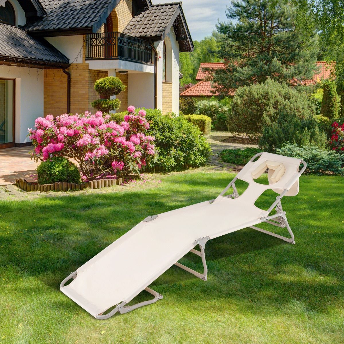 Bain de soleil Coast Beige - Bain de soleil pliable pour la plage et la terrasse avec ouvertures pour le visage et les bras, dossier et repose-pieds réglables - 190 x 56 x 62 cm