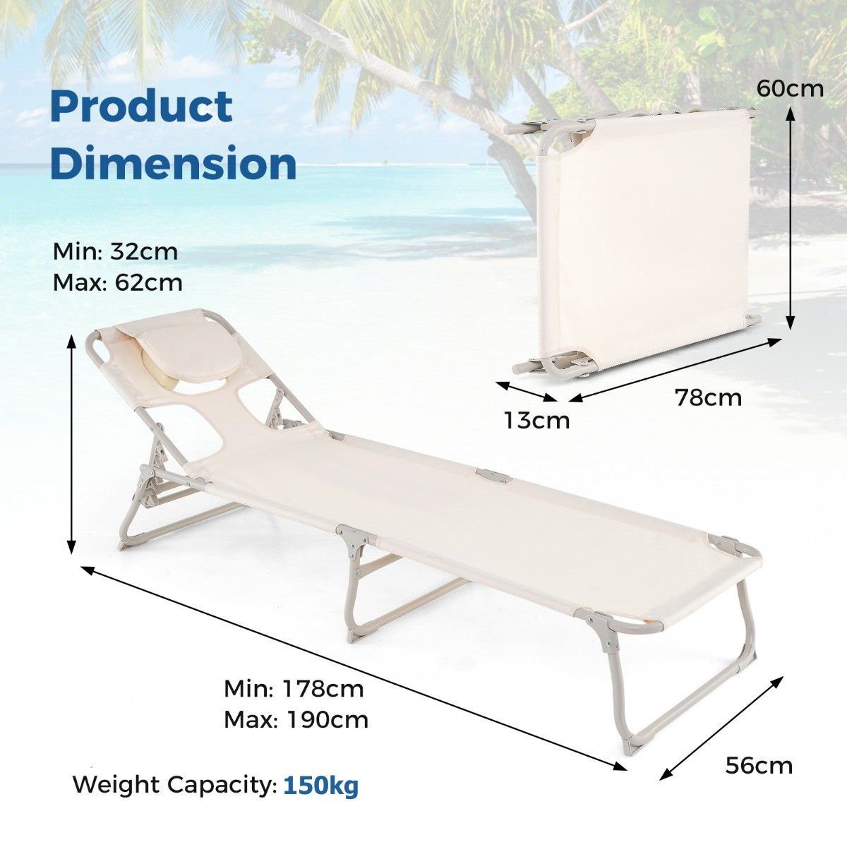 Bain de soleil Coast Beige - Bain de soleil pliable pour la plage et la terrasse avec ouvertures pour le visage et les bras, dossier et repose-pieds réglables - 190 x 56 x 62 cm