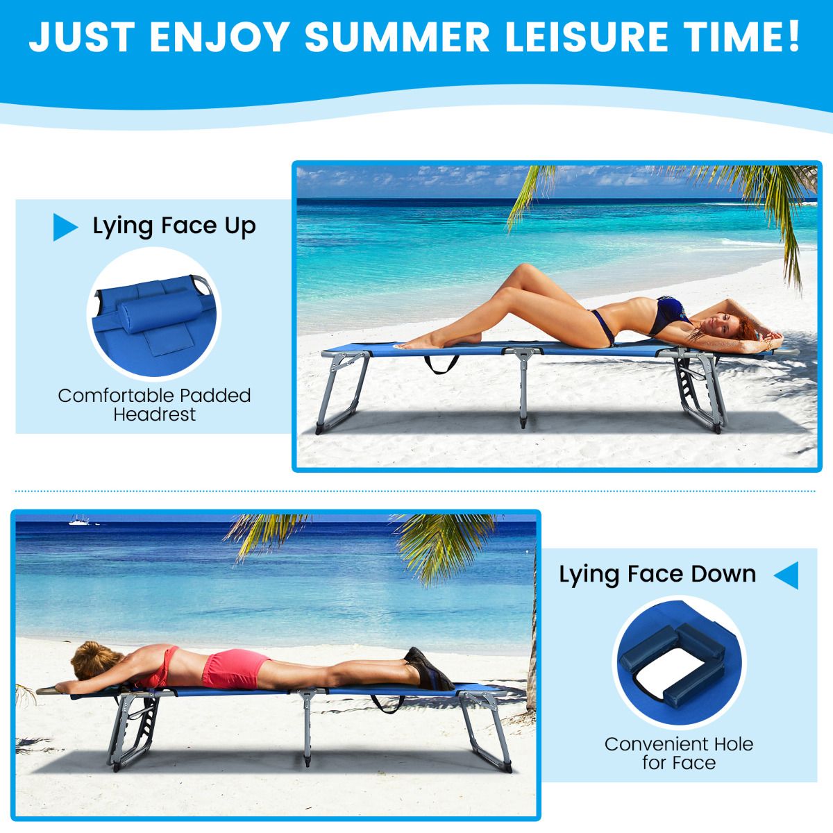Chaise longue pliante réglable Coast 5 positions - 194x60x36-86 cm - Bleu - Tissu Oxford - Capacité de charge de 150 kg