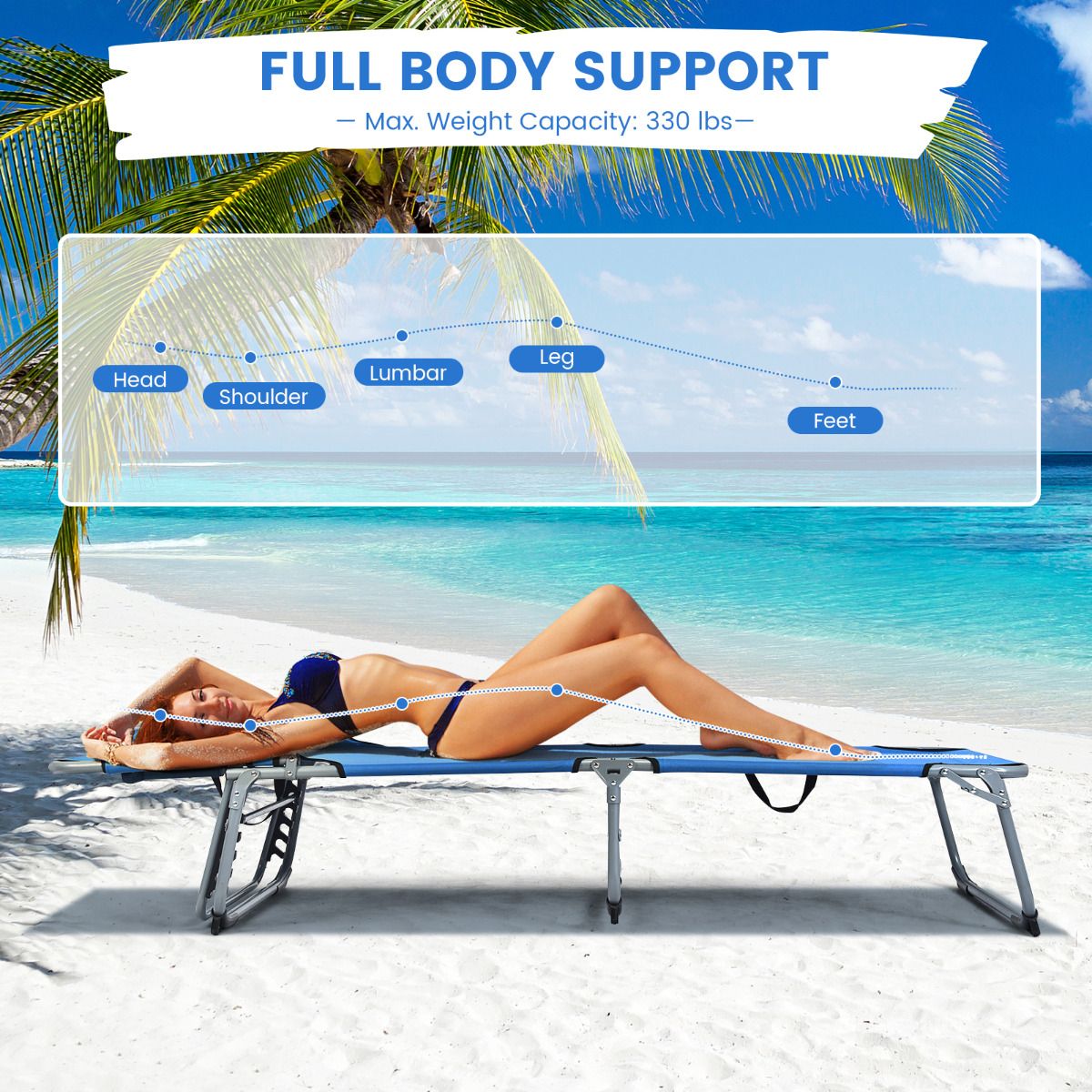 Chaise longue pliante réglable Coast 5 positions - 194x60x36-86 cm - Bleu - Tissu Oxford - Capacité de charge de 150 kg