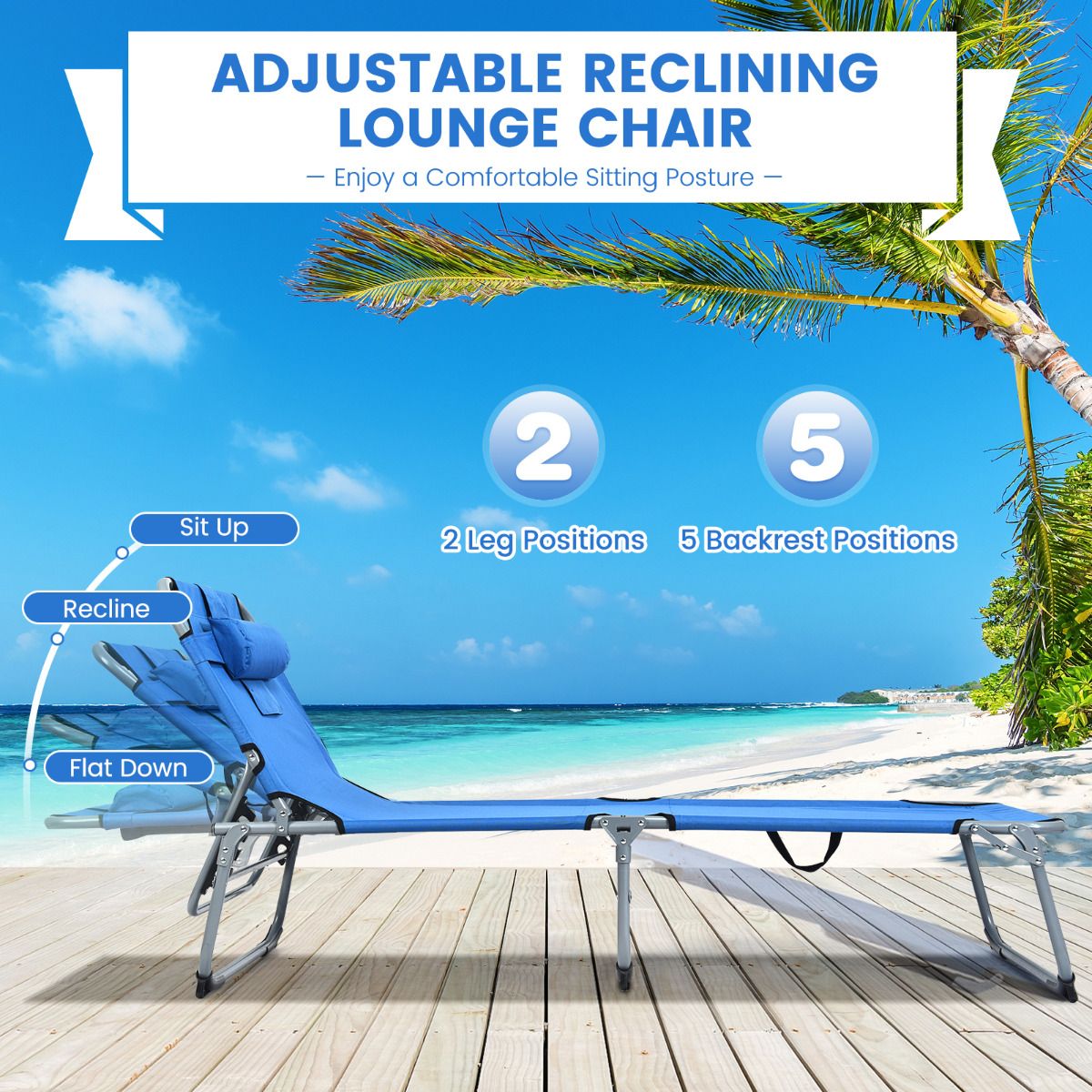 Chaise longue pliante réglable Coast 5 positions - 194x60x36-86 cm - Bleu - Tissu Oxford - Capacité de charge de 150 kg