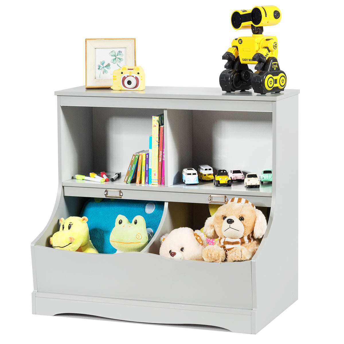 Rack pour enfants Rack à jouets avec 4 compartiments Rack à livres pour enfants Rack de rangement Organisateur de jouets 67 x 40 x 62 cm Gris