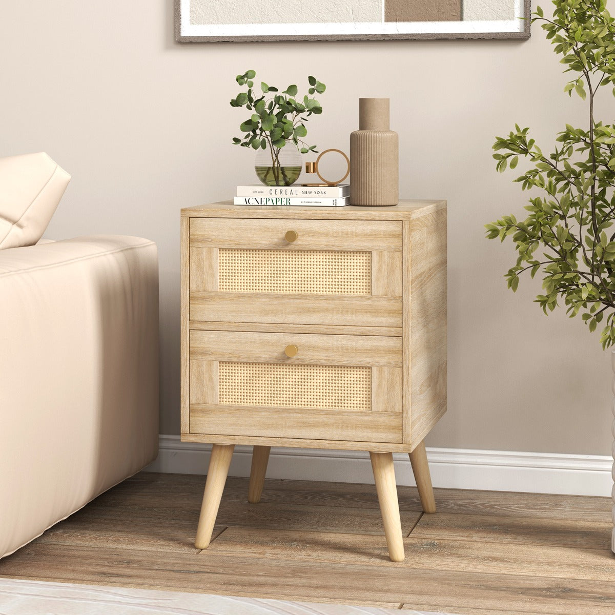 Table de nuit en rotin avec 2 tiroirs - Mid-Century Modern - Pieds en bois massif - 40 x 35 x 50 cm