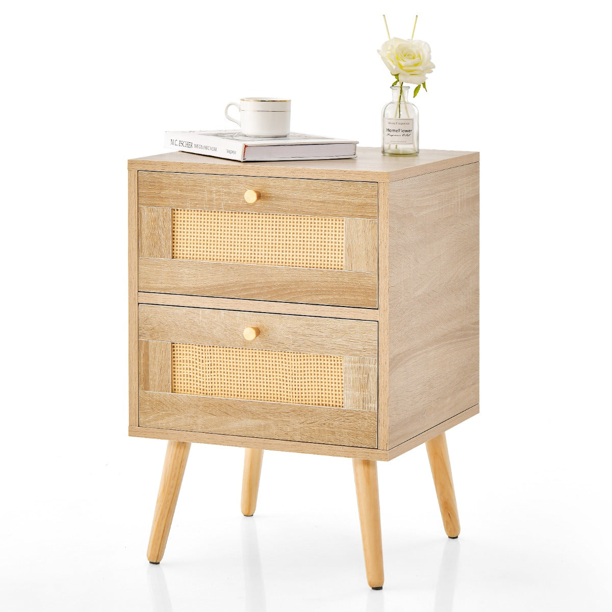 Table de nuit en rotin avec 2 tiroirs - Mid-Century Modern - Pieds en bois massif - 40 x 35 x 50 cm