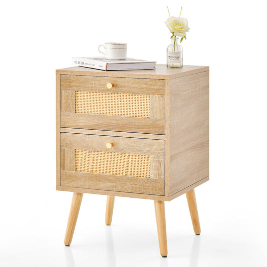 Table de nuit en rotin avec 2 tiroirs - Mid-Century Modern - Pieds en bois massif - 40 x 35 x 50 cm
