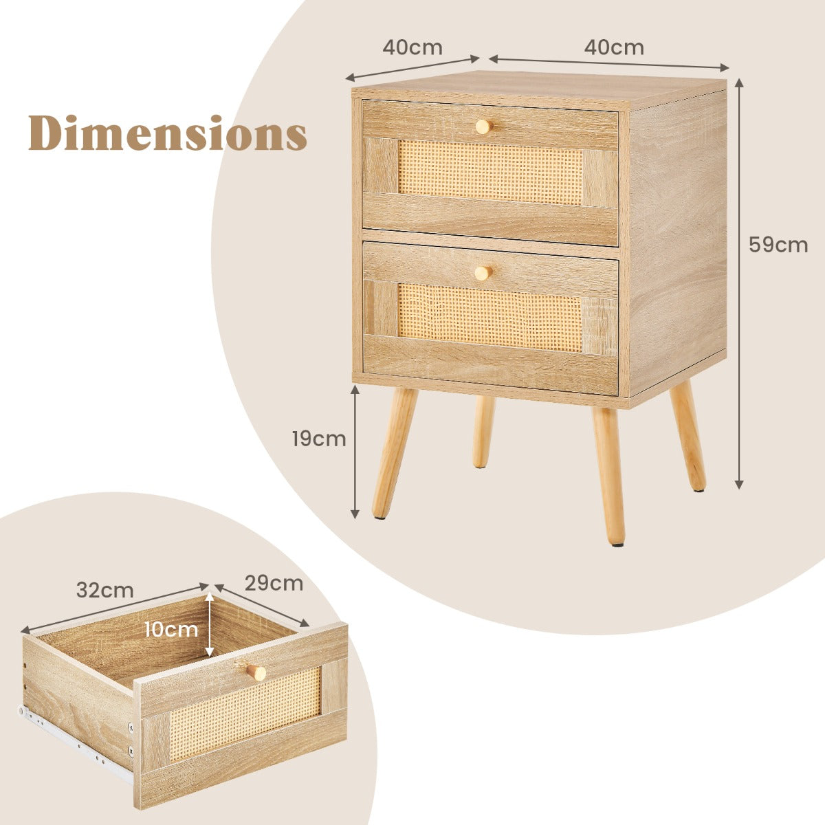 Table de nuit en rotin avec 2 tiroirs - Mid-Century Modern - Pieds en bois massif - 40 x 35 x 50 cm