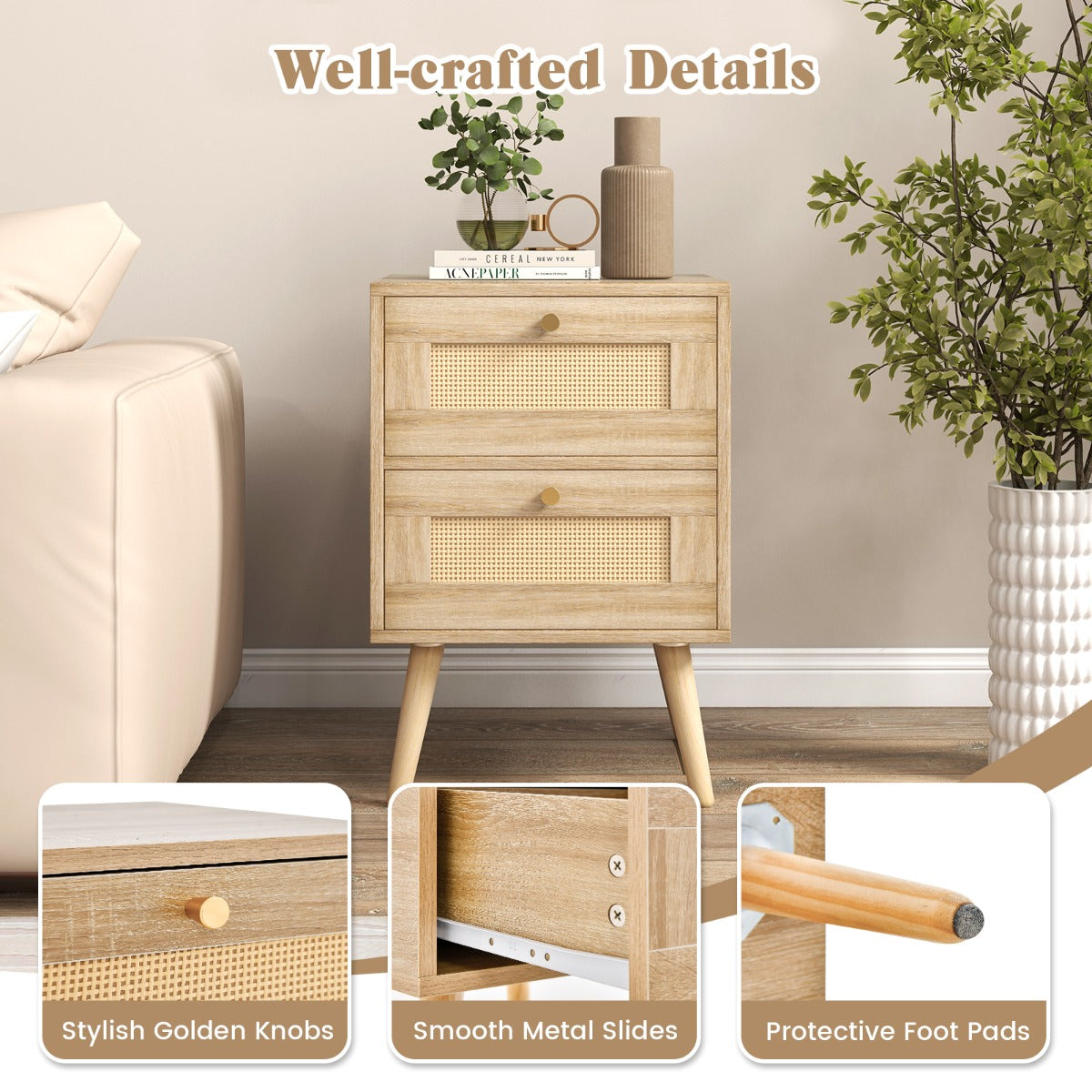 Table de nuit en rotin avec 2 tiroirs - Mid-Century Modern - Pieds en bois massif - 40 x 35 x 50 cm