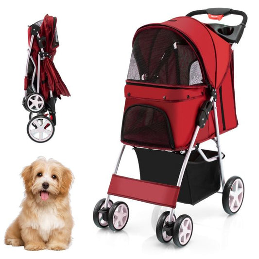 COAST Poussette pliable à 4 roues pour chiens et chats jusqu'à 15 kg avec filet, fenêtres, porte-bouteilles et remorques Rouge