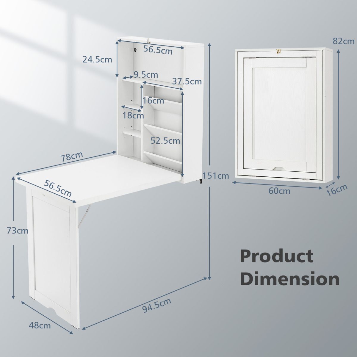 Coast Wall Folding Table White - 60 x 94.5 x 151 cm - Bureau pliant avec rangement
