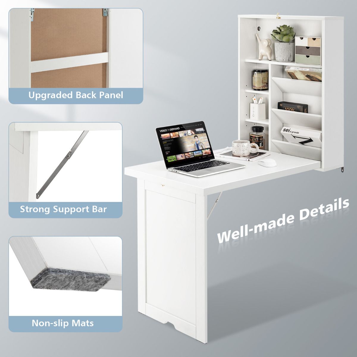 Coast Wall Folding Table White - 60 x 94.5 x 151 cm - Bureau pliant avec rangement